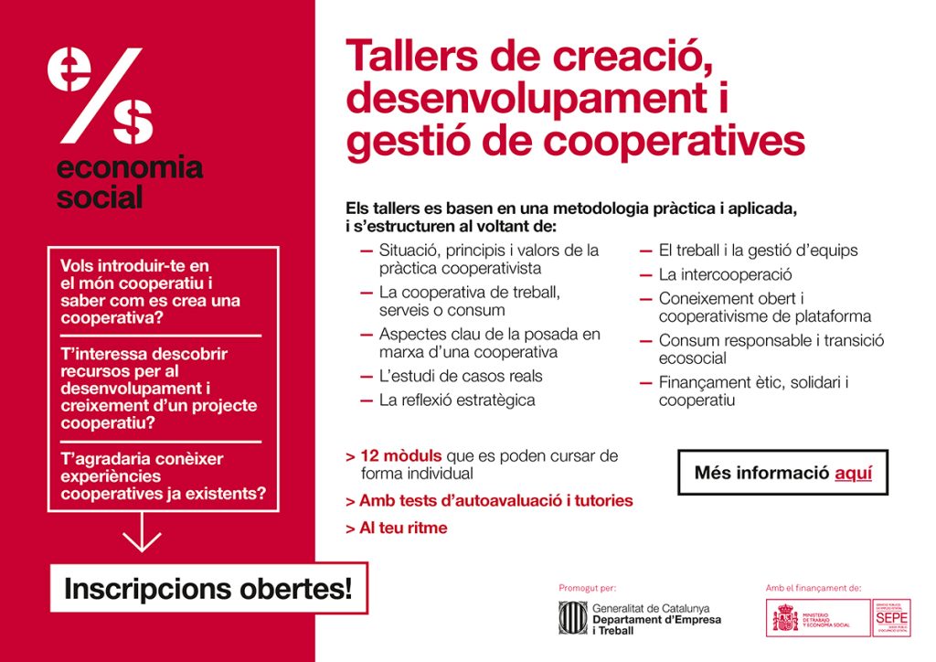 Ja són aquí els Tallers de creació, desenvolupament i gestió de cooperatives